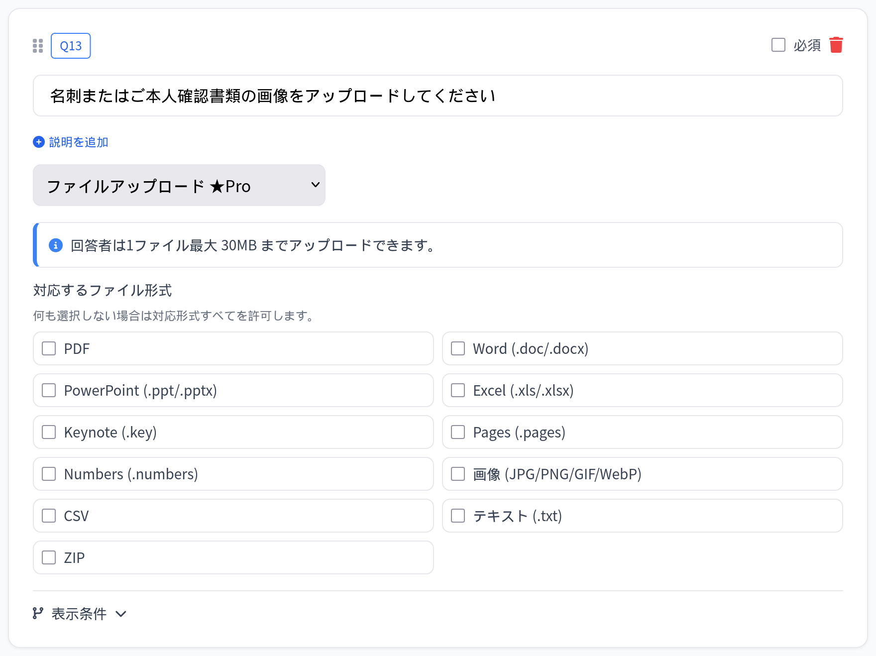 ファイルアップロード質問の設定画面。最大サイズと受付するファイル形式を指定できる
