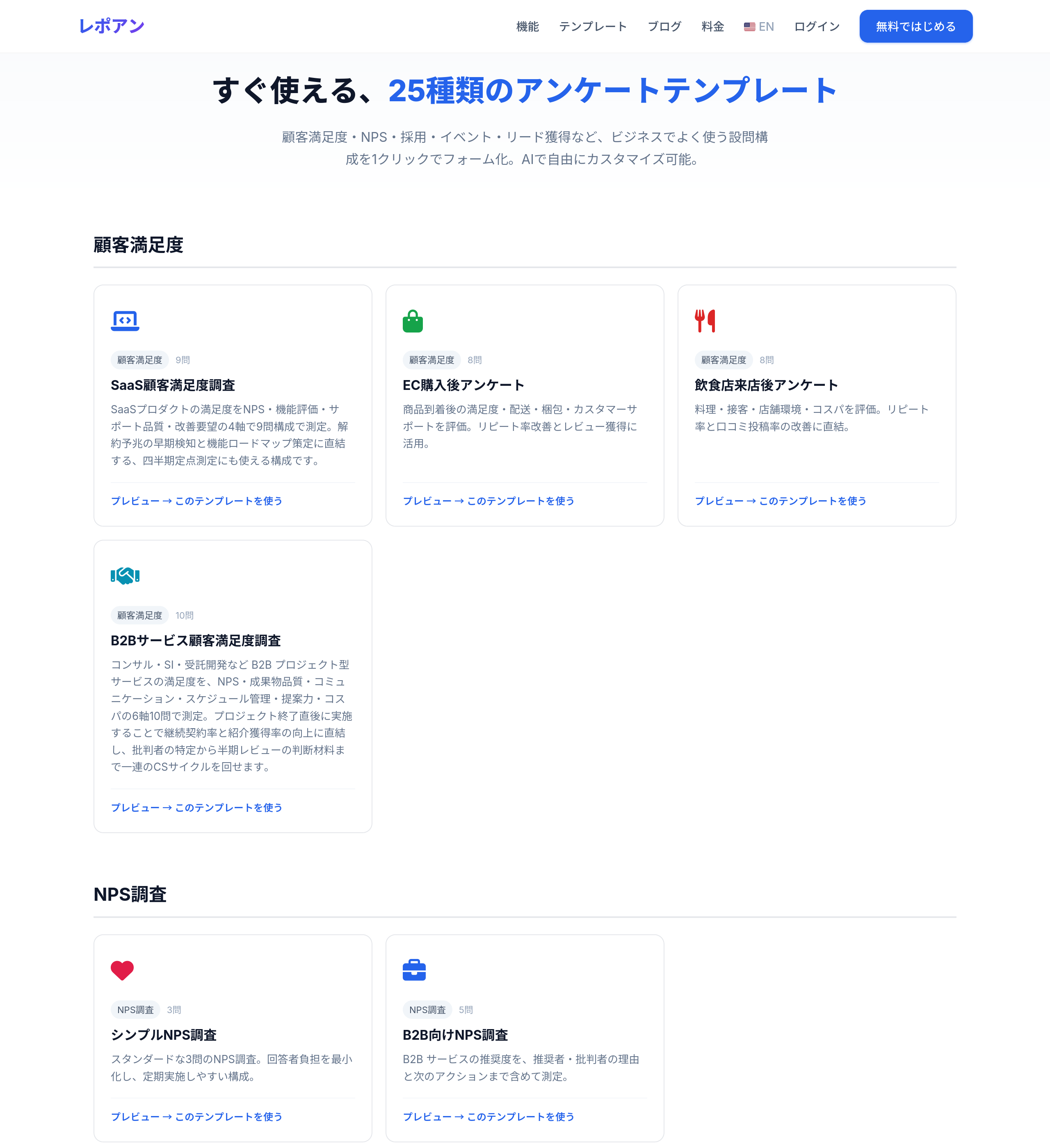 テンプレート一覧ページ。顧客満足度・NPS・イベントなどカテゴリ別に25本のテンプレートが並ぶ